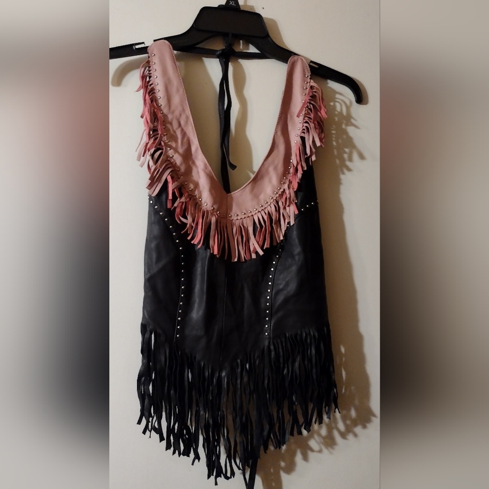 Ladies Leather Fringed Two Tone Black and Pink Halter Top